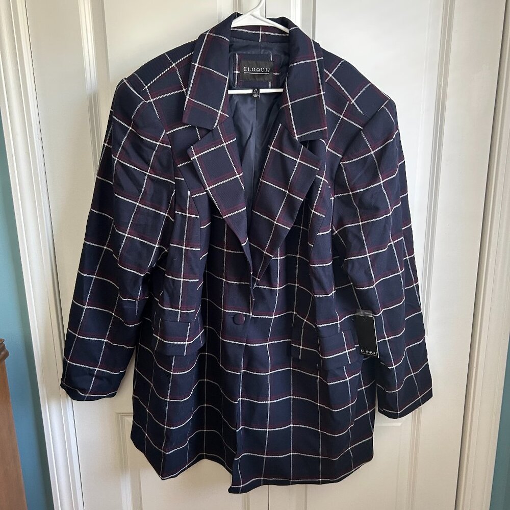 Eloquii Women's Navy Windowpane Blazer Coat